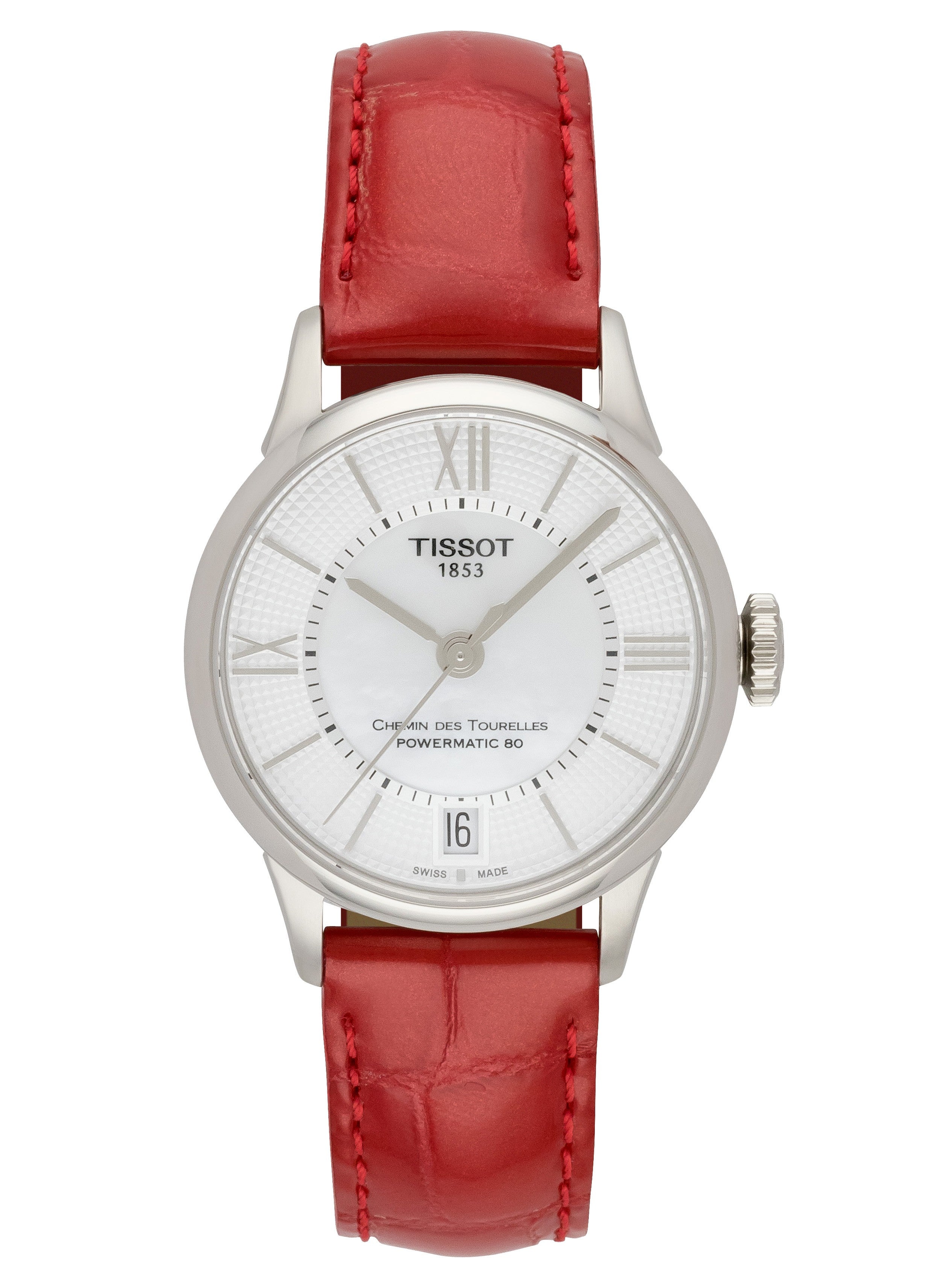 Tissot Chemin Des Tourelles Powermatic 80 Mother of Pearl White Dial Red Leather Strap Watch For Women - T099.207.16.118.00