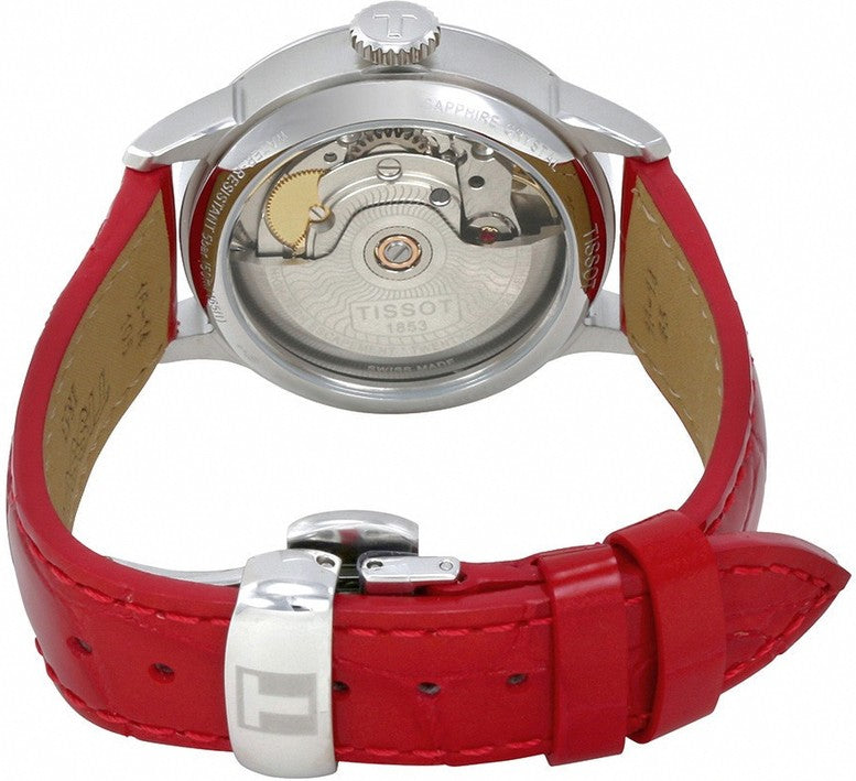 Tissot Chemin Des Tourelles Automatic Mother of Pearl White Dial Red Leather Strap Watch For Women - T099.207.16.118.00