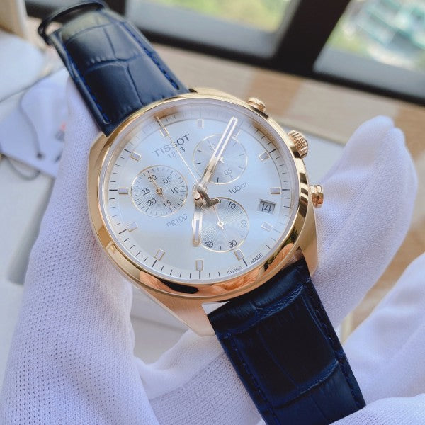 Tissot T Classic PR 100 Chronograph Silver Dial Black Leather Strap Watch for Men - T101.417.36.031.00