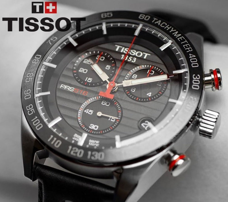 Tissot PRS 516 Chronograph Black Dial Black Leather Strap Watch For Men - T100.417.16.051.00