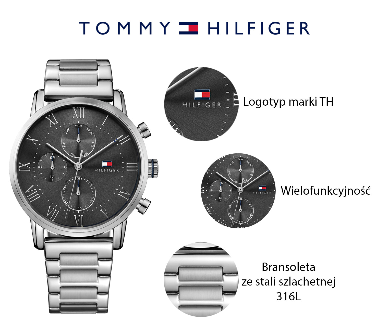 Tommy Hilfiger Kane Chronograph Grey Dial Silver Steel Strap Watch for Men - 1791397