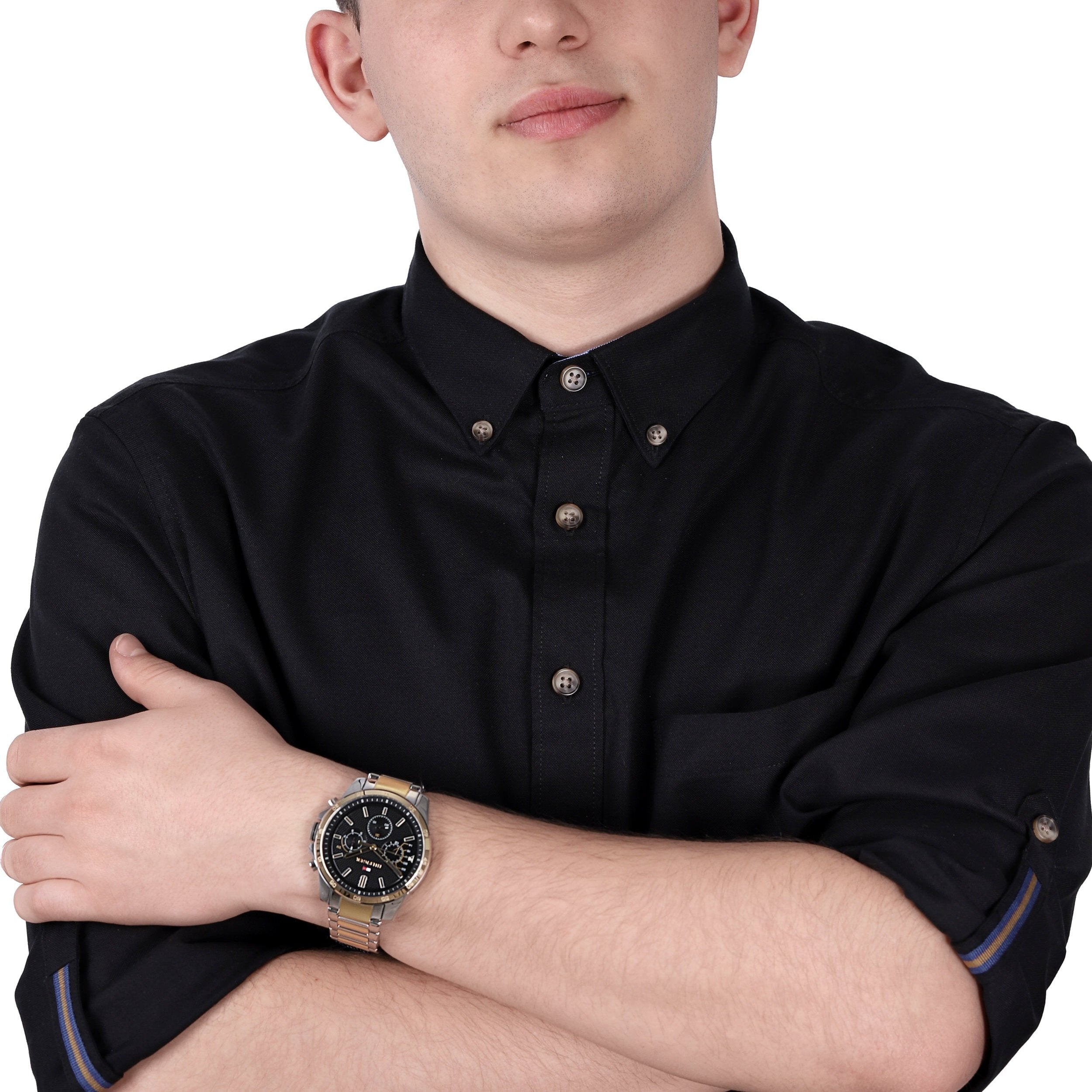 Tommy Hilfiger Decker Chronograph Black Dial Two Tone Steel Strap Watch for Men - 1791559