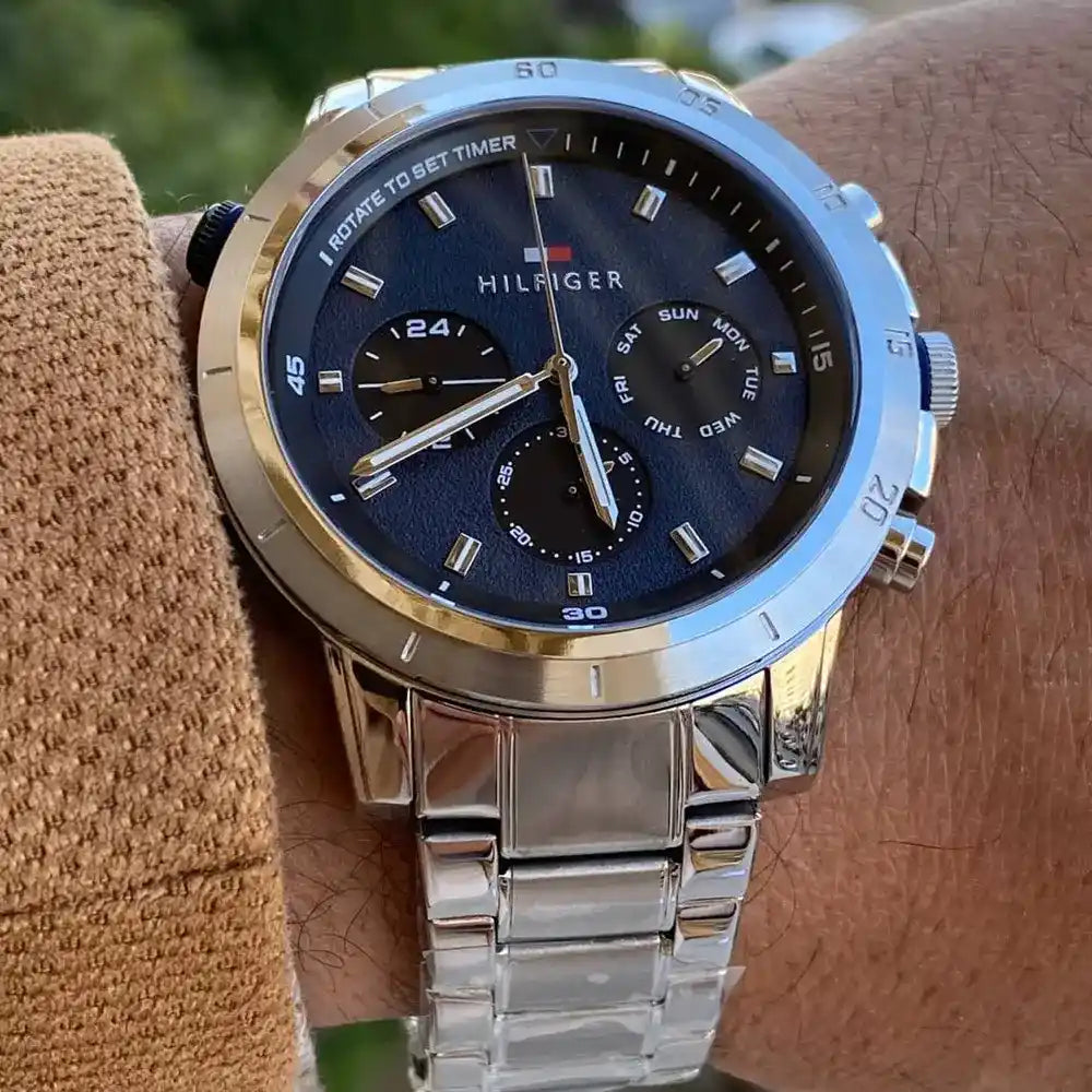 Tommy Hilfiger Troy Chronograph Blue Dial Silver Steel Strap Watch For Men - 1792104