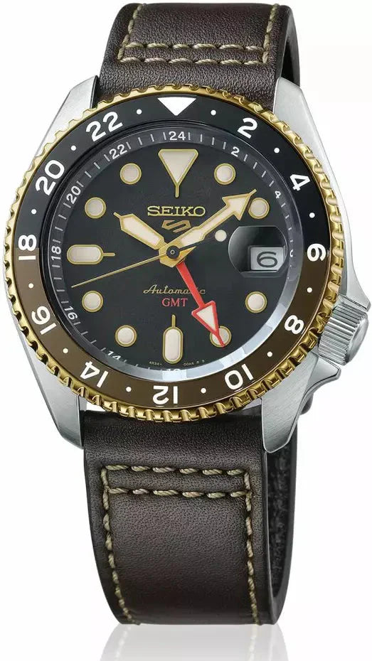 Seiko 5 Sports SKX GMT Automatic Mocha Black Dial Brown Leather Strap Watch For Men - SSK036K1