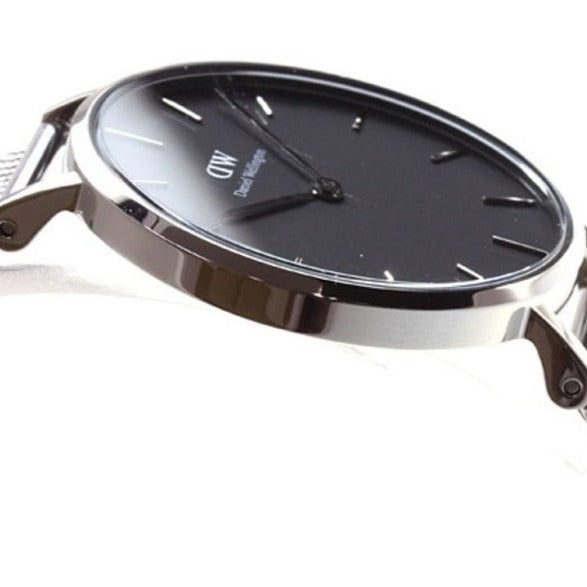 Daniel Wellington Classic Petite Sterling Black Dial Silver Mesh Bracelet Watch For Women - DW00100162
