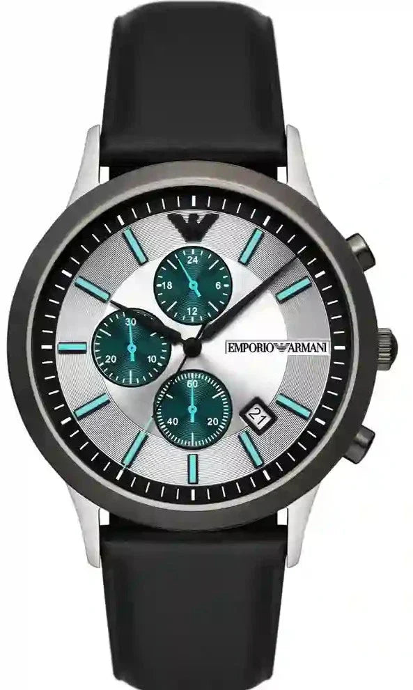 Emporio Armani Renato Chronograph Silver Dial Black Leather Strap Watch for Men - AR11473