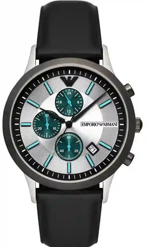 Emporio Armani Renato Chronograph Silver Dial Black Leather Strap Watch for Men - AR11473