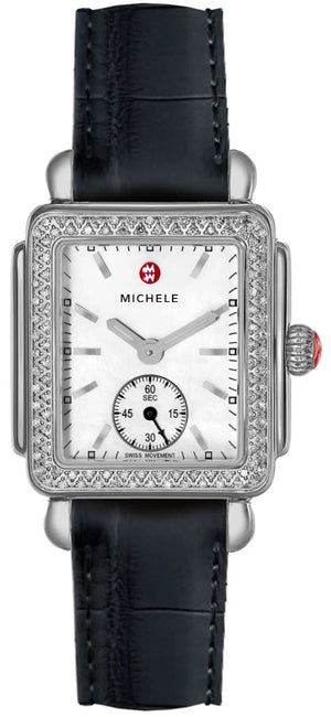 Michele Deco Mother of Pearl Dial Black Leather Strap Watch For Women - MWW06V000005