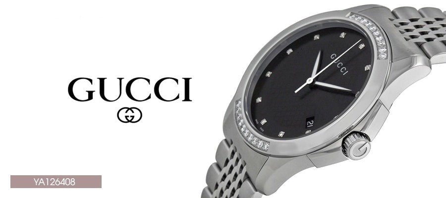 Gucci G Timeless Diamonds Black Dial Silver Steel Strap Watch For Women - YA126408