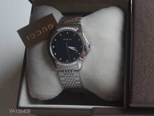 Gucci G Timeless Diamonds Black Dial Silver Steel Strap Watch For Women - YA126408