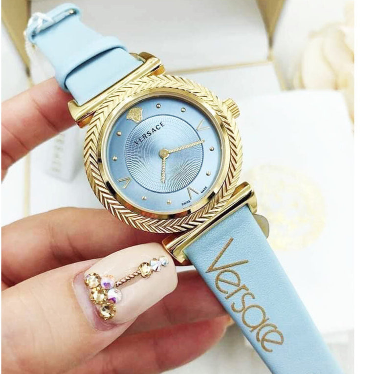 Versace V-Motif Grey Dial Blue Leather Strap Watch for Women - VERE00318