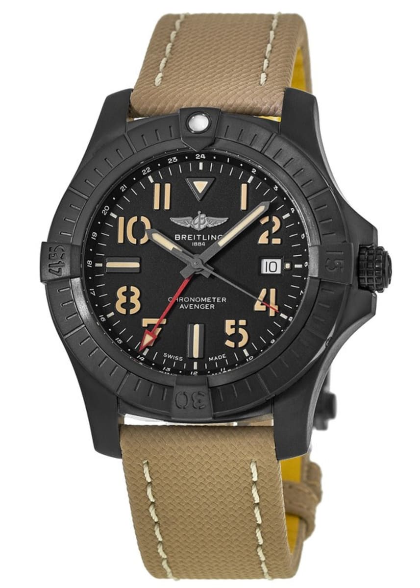 Breitling Avenger Automatic GMT 45 Black Dial Brown Nylon Strap Watch for Men - V32395101B1X1