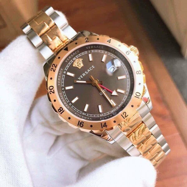 Versace Hellenyium GMT Black Dial Two Tone Steel Strap Watch for Men - V11040015