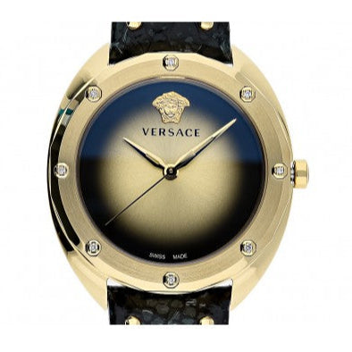 Versace Shadov Gold Dial Green Leather Strap Watch For Women - VEBM01018
