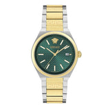 Versace V-Auria Quartz Green Dial Two Tone Steel Strap Watch for Men - VE0F00425