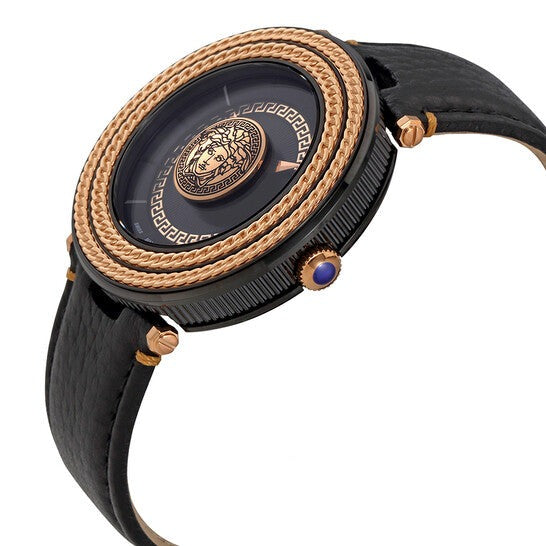 Versace V-Metal Icon Black Dial Black Leather Strap Watch For Men - VQL030015