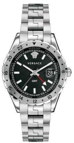 Versace Hellenyium GMT Black Dial Silver Steel Strap Watch for Men - V11020015