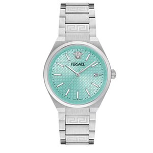 Versace V-Auria Quartz Turquoise Dial Silver Steel Strap Watch for Women - VE0F00225