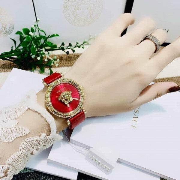 Versace Palazzo Empire Greca Red Dial Red Leather Strap Watch for Women - VEDV00319