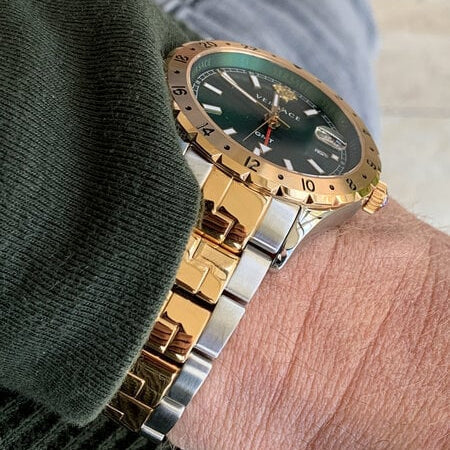 Versace Hellenyium GMT Green Dial Two Tone Steel Strap Watch for Men - V11050015