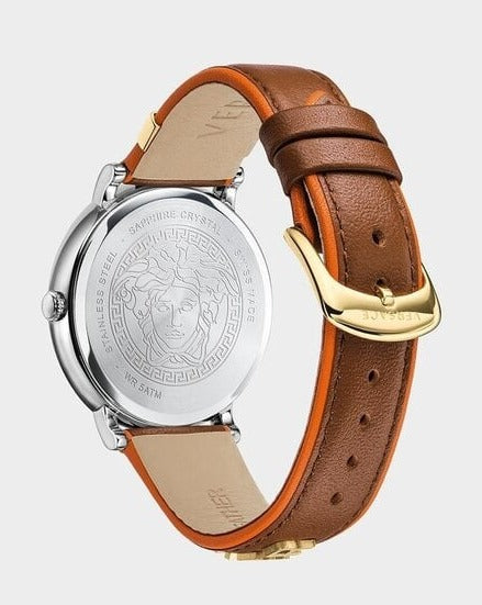 Versace V Circle Quartz Silver Dial Brown Leather Strap Watch For Women - VBP04017