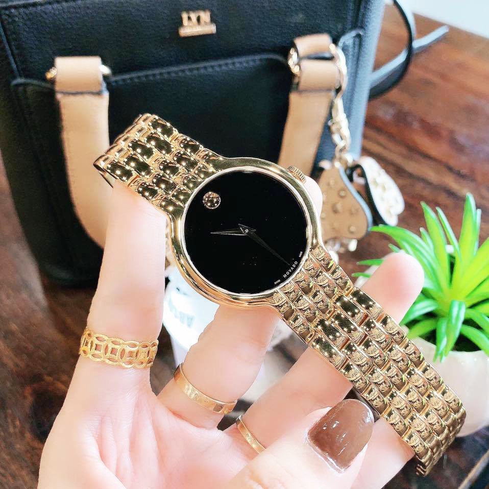 Movado Veturi Quartz Black Dial Gold Steel Strap Watch for Men - 0606934