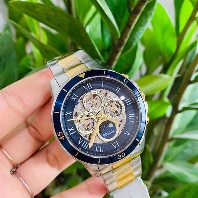 Fossil Grant Sport Automatic Skeleton Blue Dial Two Tone Steel Strap Watch for Men - ME3141