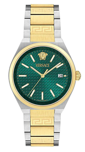Versace V-Auria Quartz Green Dial Two Tone Steel Strap Watch for Men - VE0F00425