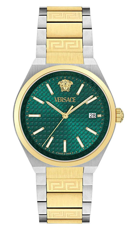 Versace V-Auria Quartz Green Dial Two Tone Steel Strap Watch for Men - VE0F00425