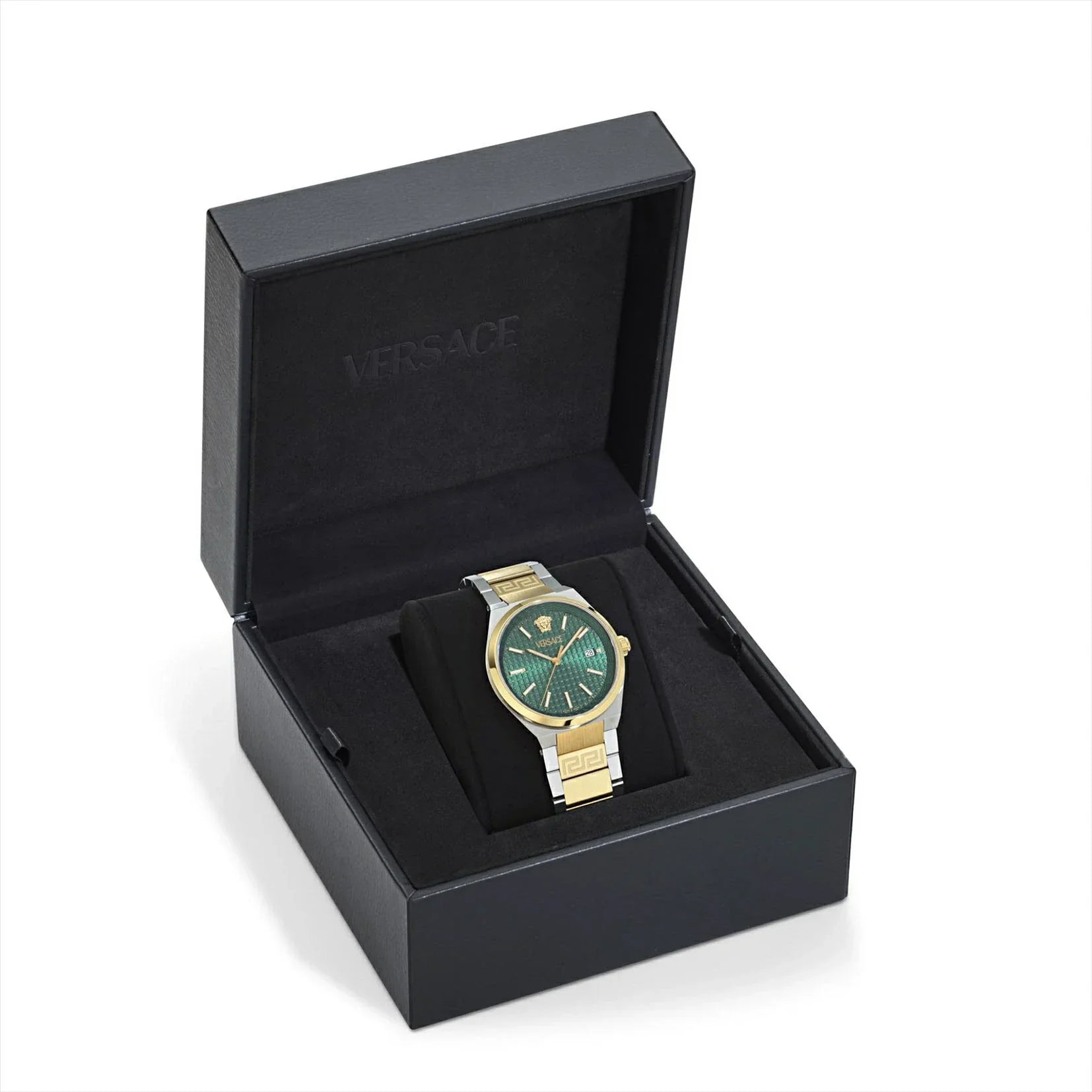 Versace V-Auria Quartz Green Dial Two Tone Steel Strap Watch for Men - VE0F00425