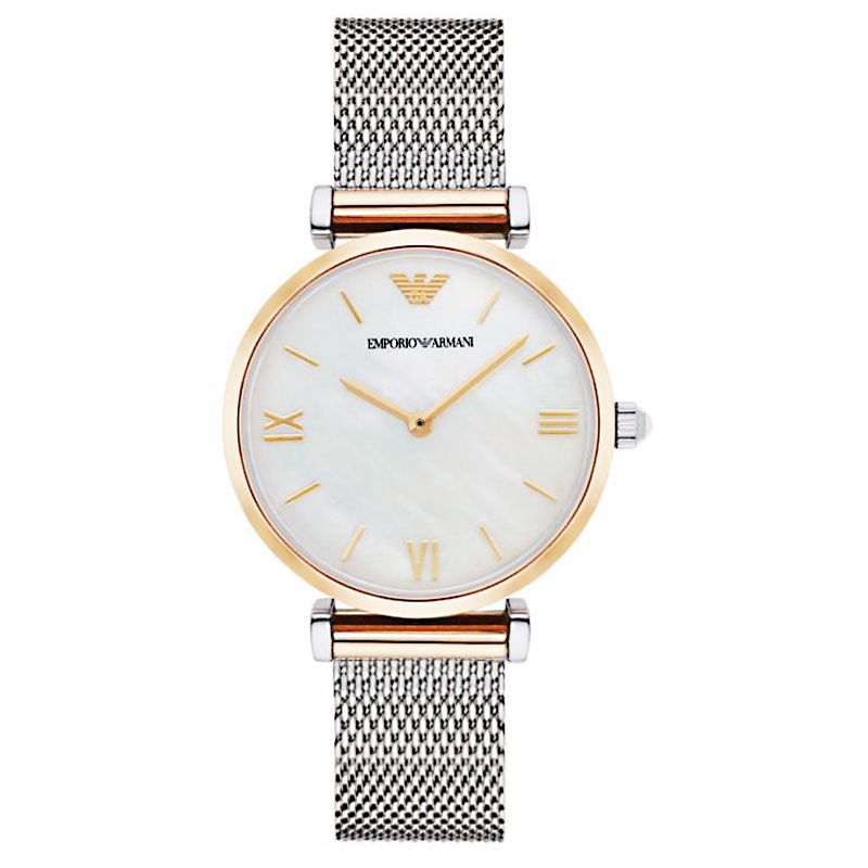 Emporio Armani Gianni T Bar Mother of Pearl Dial Silver Mesh Bracelet Watch For Women - AR2068
