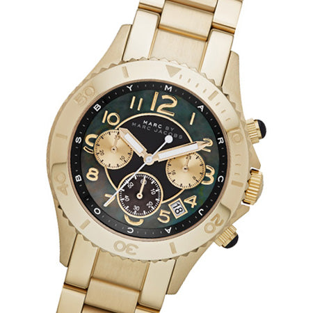 Marc Jacobs Rock Chronograph Black Dial Gold Steel Strap Watch for Women - MBM3253