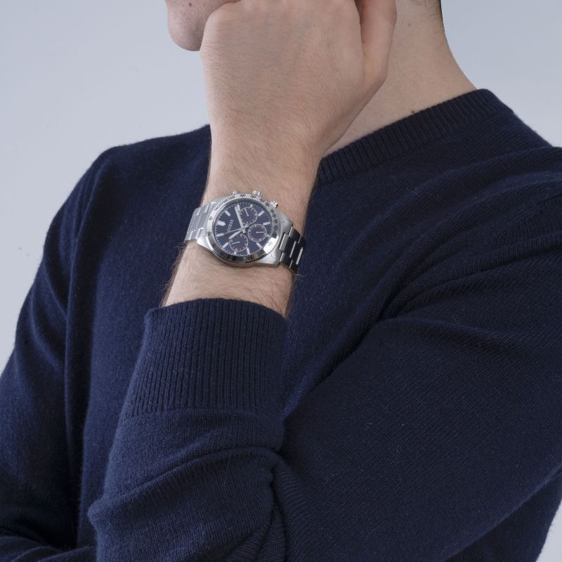 Guess Horizon Chronograph Quartz Blue Dial Silver Steel Strap Watch for Men - W0379G3