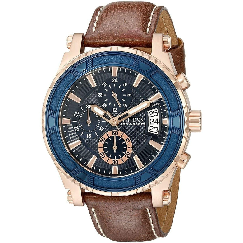 Guess Pinnacle Chronograph Quartz Blue Dial Brown Leather Strap Watch For Women - W0673G3
