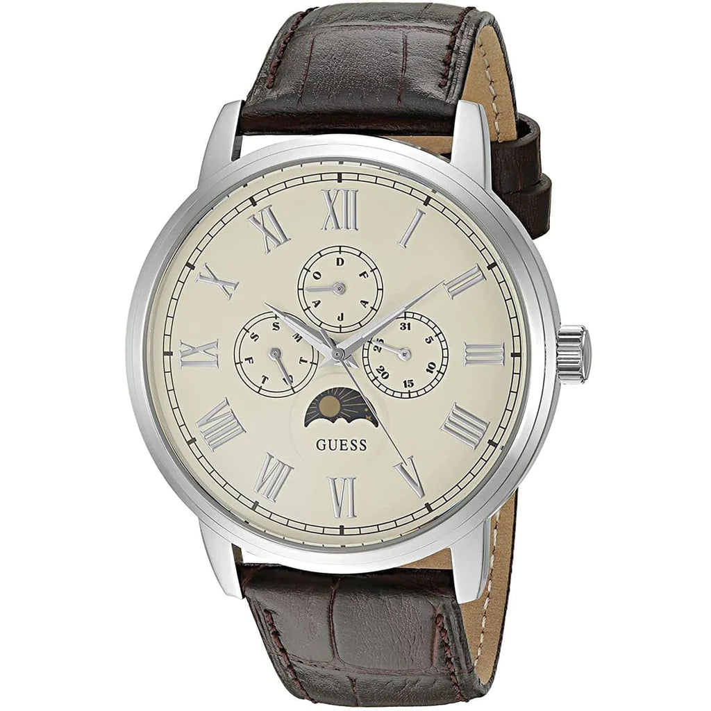 Guess Delancy Quartz White Dial Brown Leather Strap Watch For Men - W0870G1