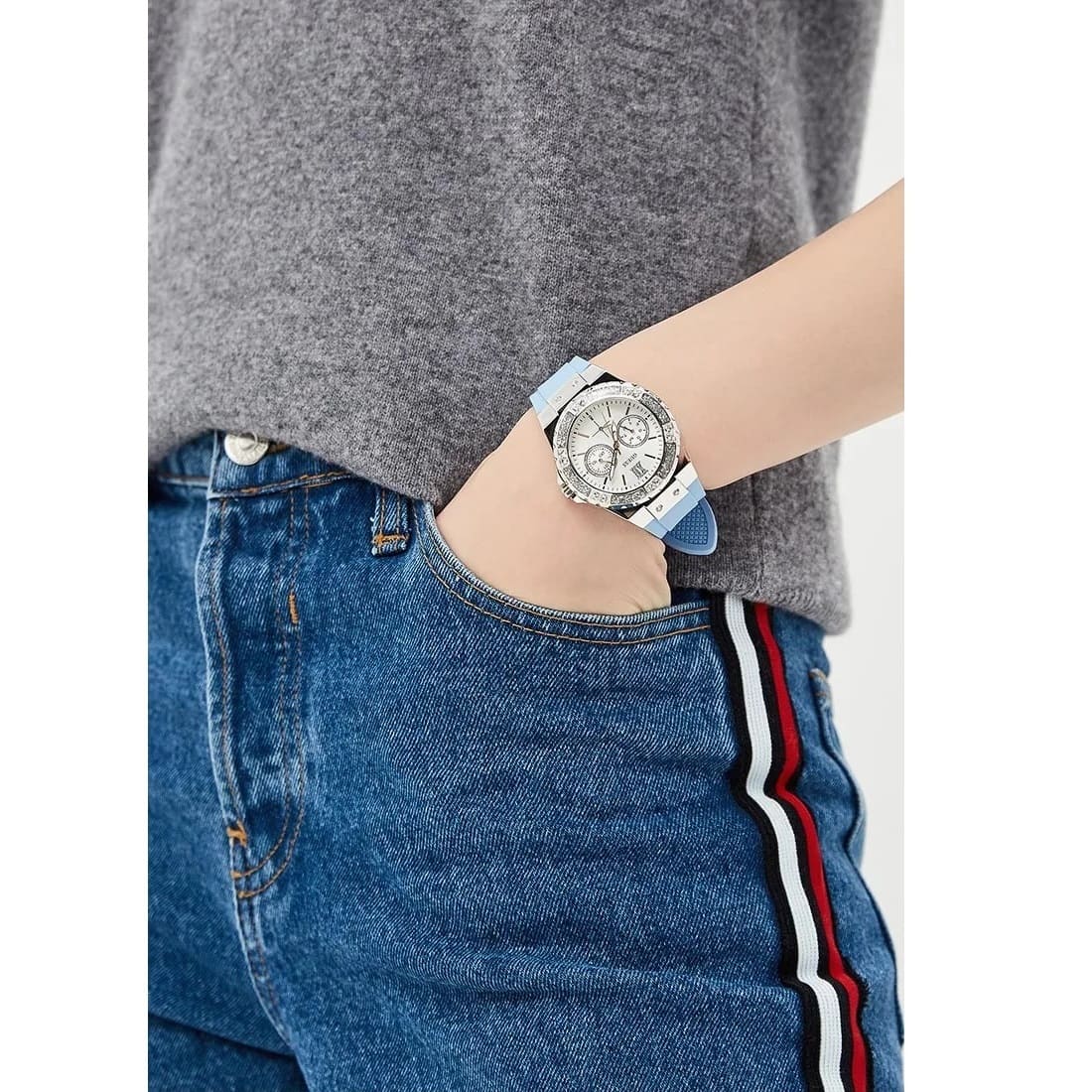 Guess Limelight Crystals White Dial Blue Rubber Strap Watch for Women - W1053L5