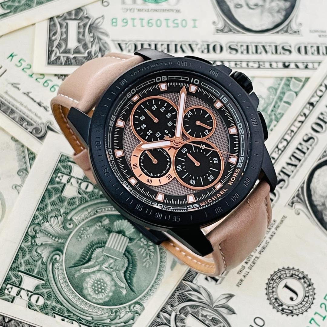 Michael Kors Ryker Chronograph Black Dial Beige Leather Strap Watch For Men - MK8520