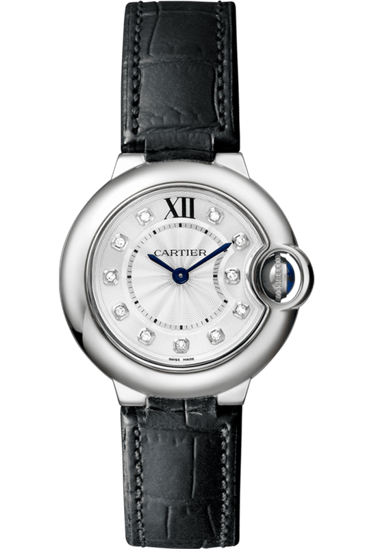 Cartier Ballon Bleu de Cartier Diamonds Silver Dial Black Leather Strap Watch for Women - W4BB0008