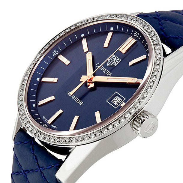 Tag Heuer Carrera Quartz Diamonds Blue Dial Blue Leather Strap Watch for Women - WAR1114.FC6391