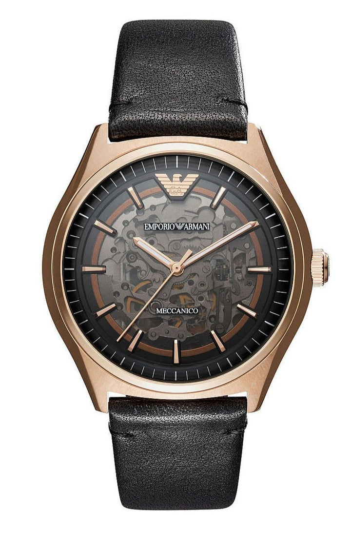 Emporio Armani Meccanico Black Dial Black Leather Watch For Men - AR60004