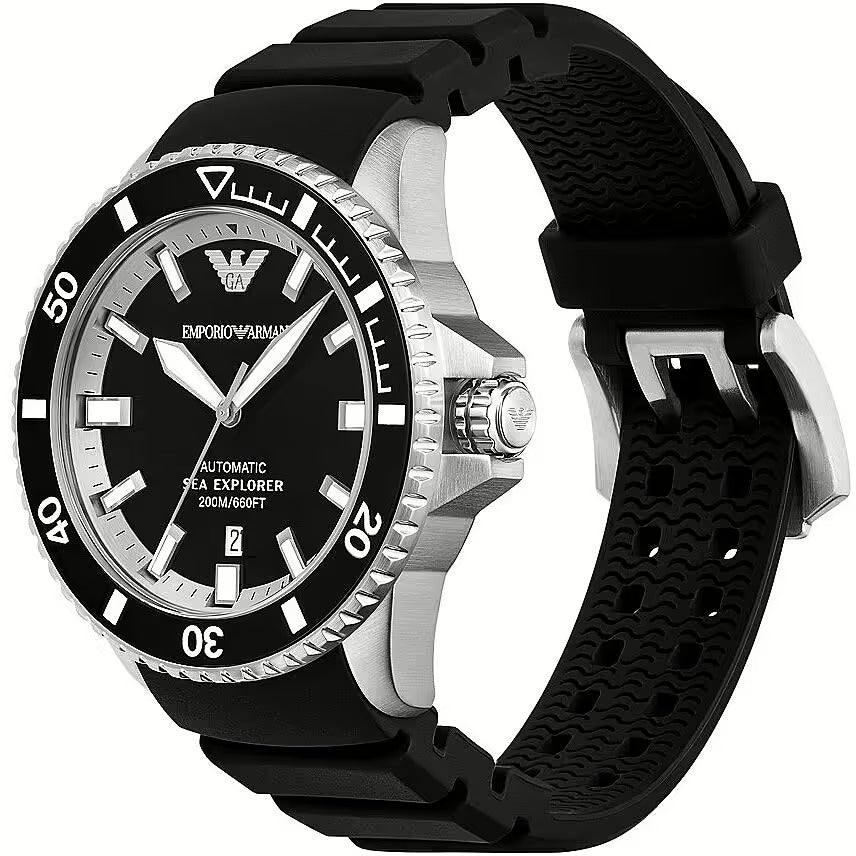 Emporio Armani Sea Explorer Automatic Black Dial Black Silicone Strap Watch For Men - AR60078
