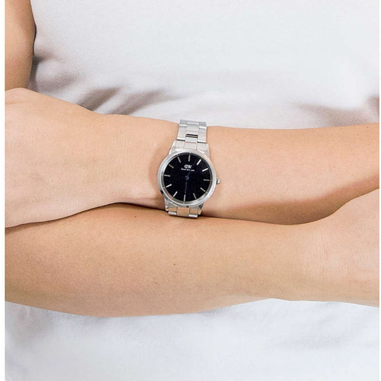 Daniel Wellington Iconic Link Black Dial Silver Steel Strap Watch for Women - DW00100204