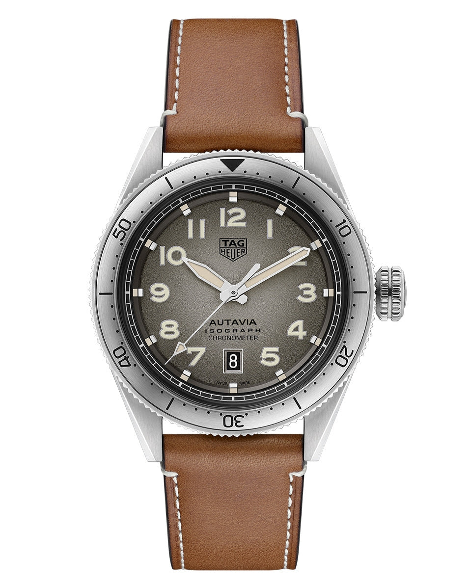 Tag Heuer Autavia Isograph Grey Dial Calfskin Brown Leather Strap Watch for Men - WBE5111.FC8267