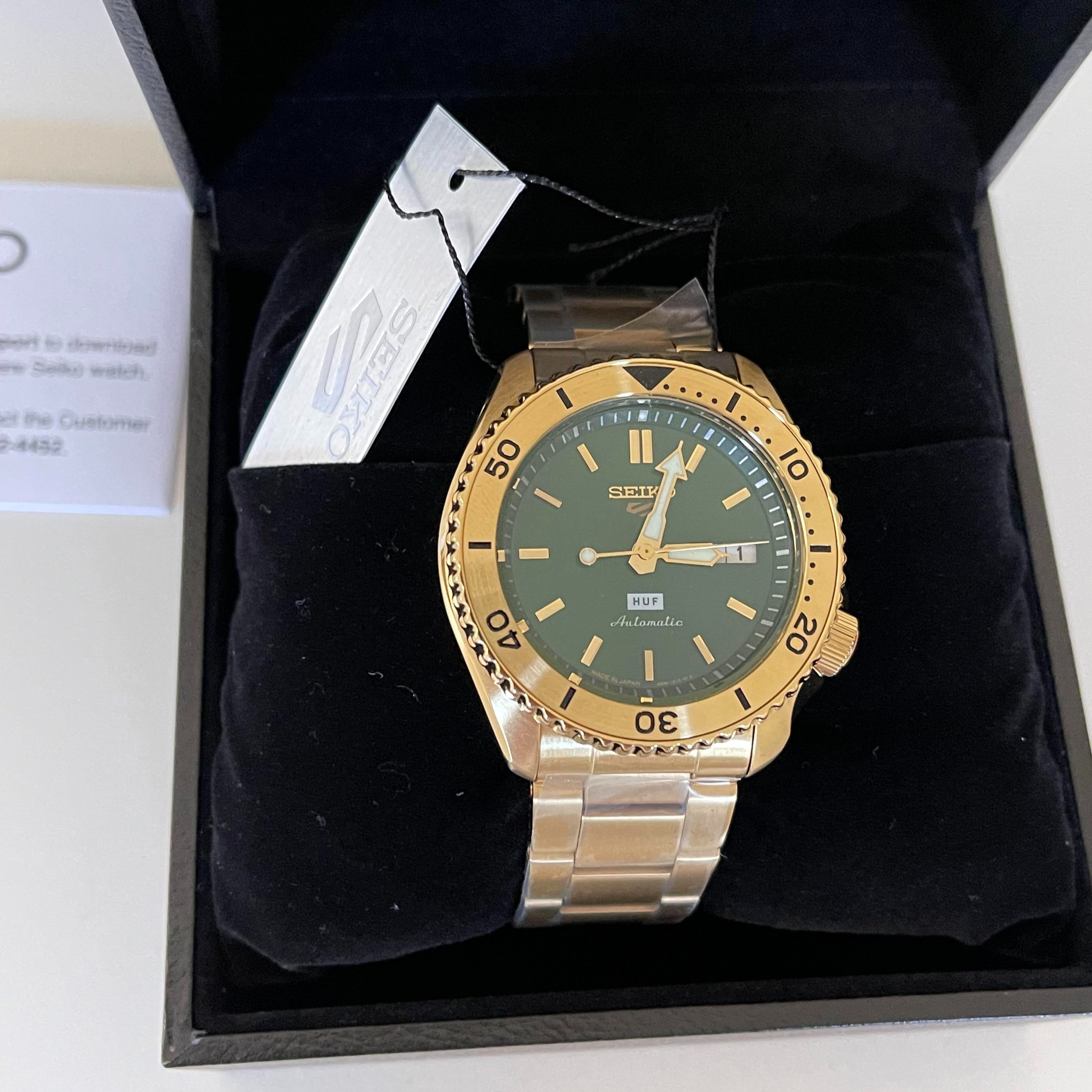 Seiko 5 Sports HUF Limited Edition Green Dial Gold Steel Strap Watch For Men - SRPJ20