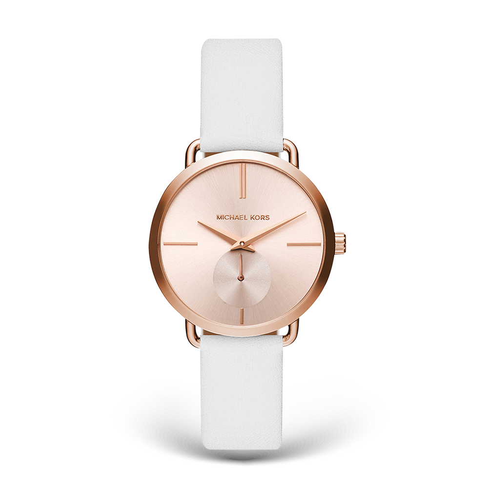 Michael Kors Portia Rose Gold Dial White Leather Strap Watch For Women - MK2660