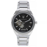 Maserati Stile Skeleton Automatic Black Dial Silver Steel Strap Watch For Men - R8823142002