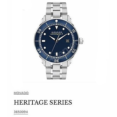 Movado Heritage Calendoplan Blue Dial Silver Steel Strap Watch For Men - 3650094