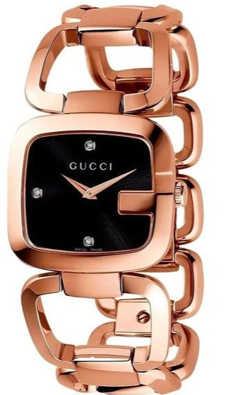 Gucci G Gucci Diamonds Black Dial Rose Gold Steel Strap Watch For Women - YA125409