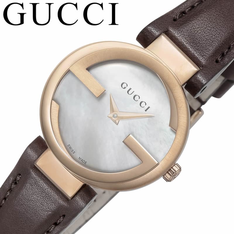 Gucci G Interlocking Mother of Pearl Dial Brown Leather Strap Watch For Women - YA133516