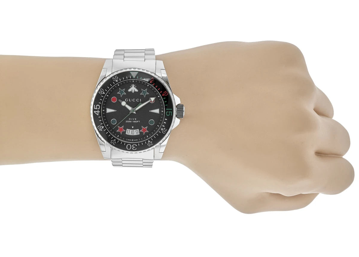 Gucci Dive Quartz Black Dial Silver Steel Strap Watch For Men - YA136221